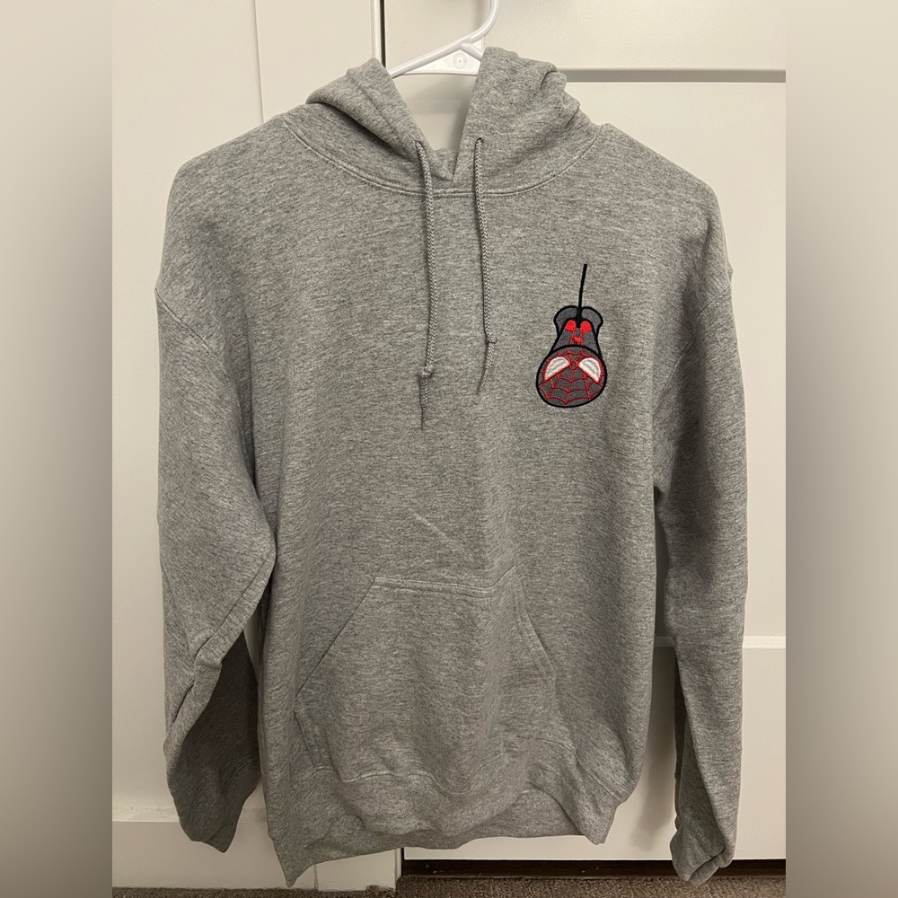 Gray Hoodie with Embroidered Spiderman Design